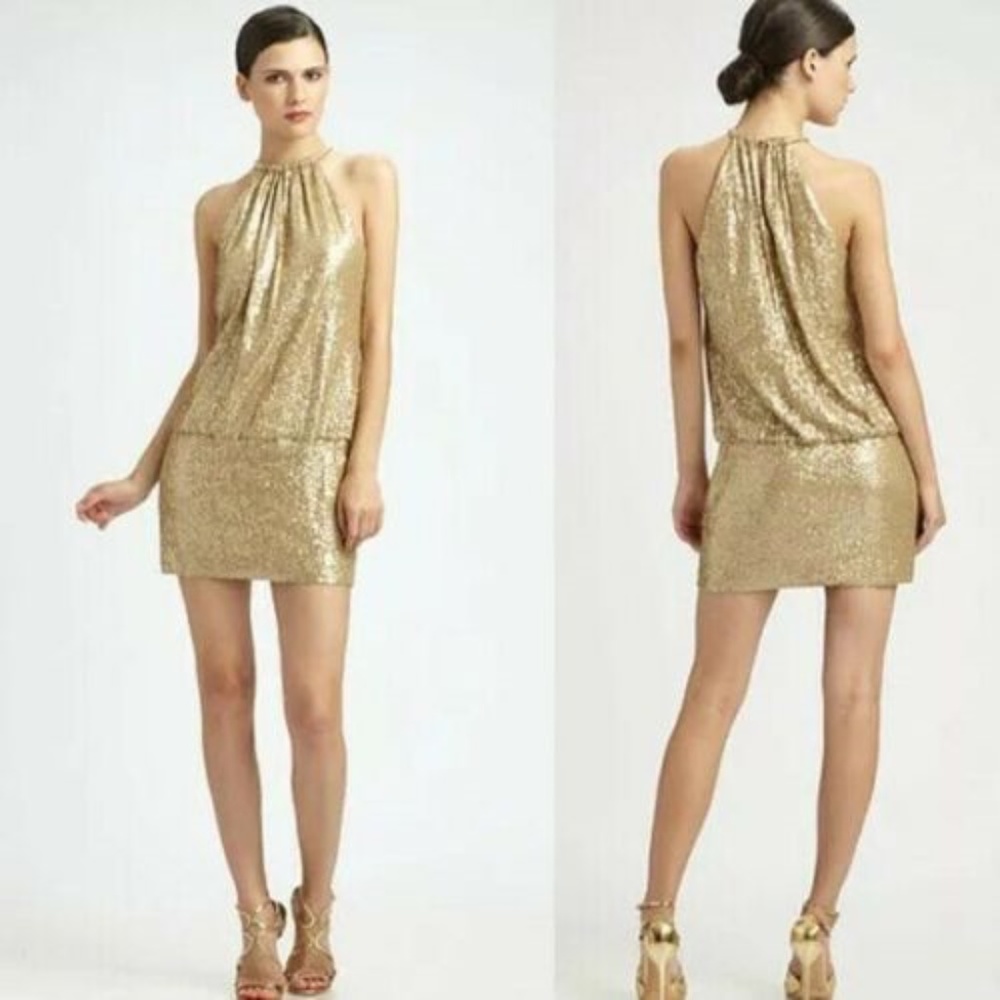 Gold Sequin Halter Ring Neck Cocktail Mini Dress 4 - Picture 2 of 2